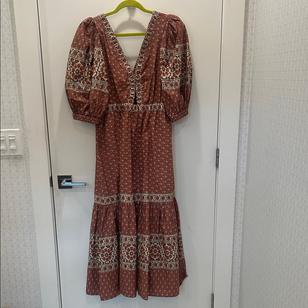 Sea Rust Floral V-Neck Tiered Maxi Dress with Perla boo neck and pockets